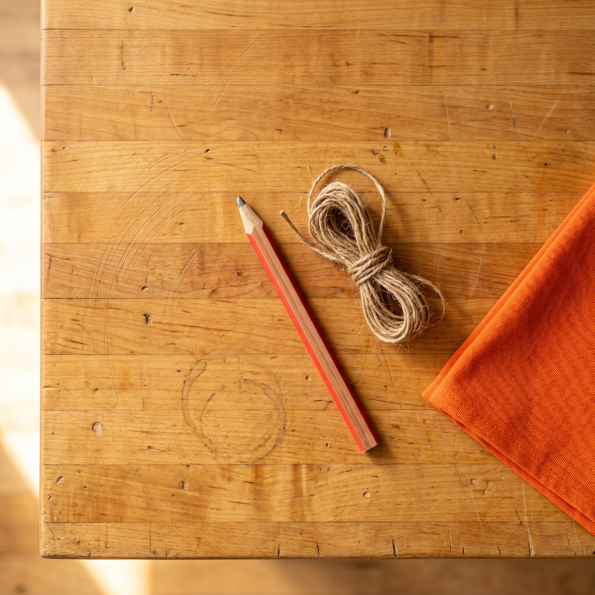 Well-worn workbench with carpenter's pencil, twine, and orange canvas — the tools of being human